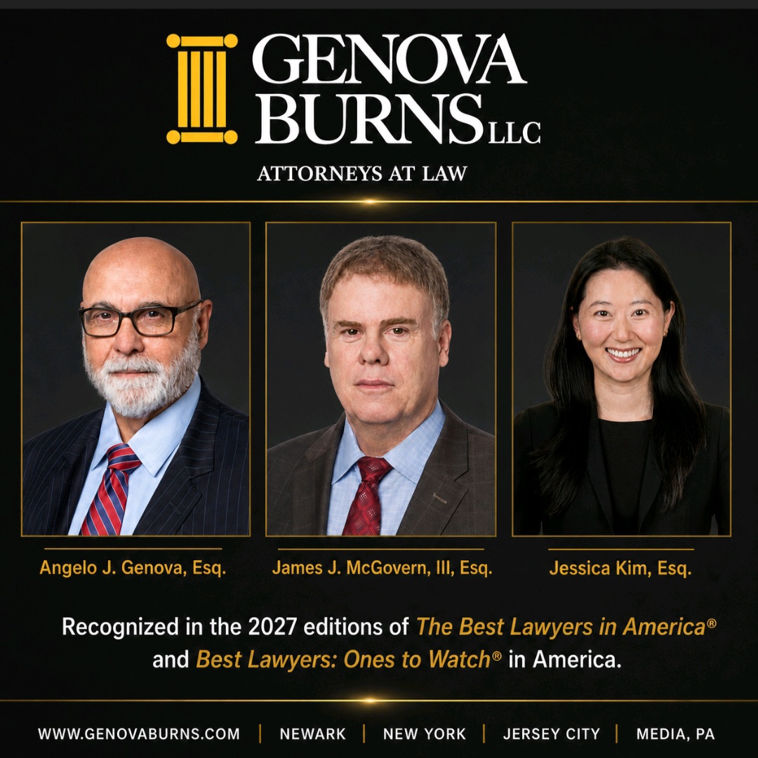 Best Lawyers and Ones to Watch announcement flyer featuring Angelo J. Genova, Esq., James J. McGovern III, Esq. and Jessica B. Kim, Esq.